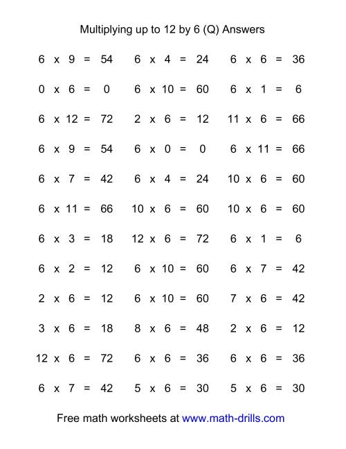 The 36 Horizontal Multiplication Facts Questions -- 6 by 0-12 (Q) Math Worksheet Page 2