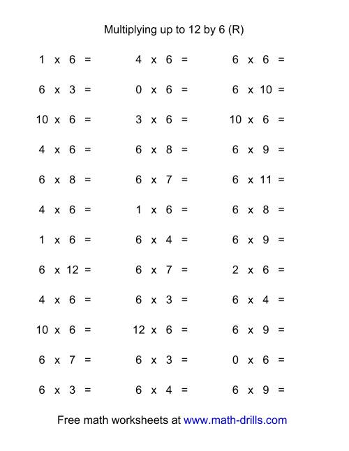 The 36 Horizontal Multiplication Facts Questions -- 6 by 0-12 (R) Math Worksheet