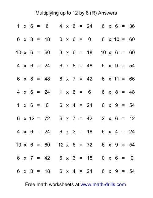 The 36 Horizontal Multiplication Facts Questions -- 6 by 0-12 (R) Math Worksheet Page 2