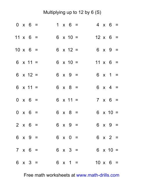 The 36 Horizontal Multiplication Facts Questions -- 6 by 0-12 (S) Math Worksheet