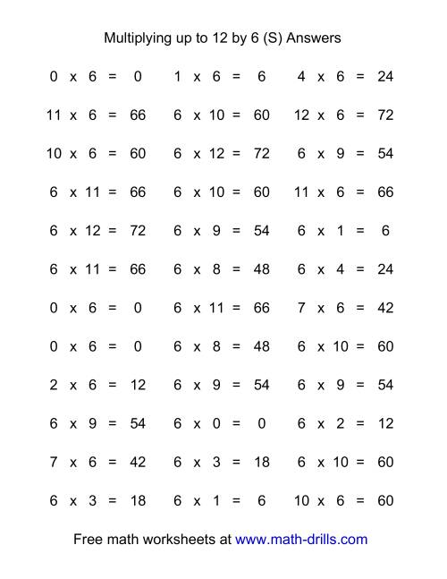 The 36 Horizontal Multiplication Facts Questions -- 6 by 0-12 (S) Math Worksheet Page 2