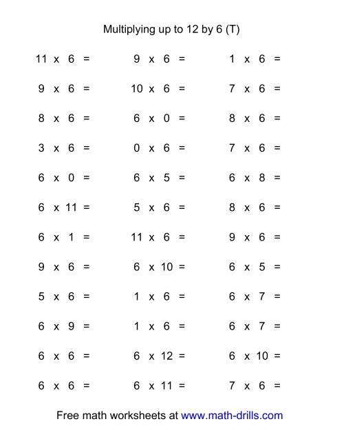 The 36 Horizontal Multiplication Facts Questions -- 6 by 0-12 (T) Math Worksheet