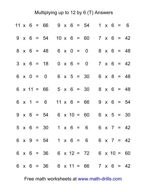 The 36 Horizontal Multiplication Facts Questions -- 6 by 0-12 (T) Math Worksheet Page 2