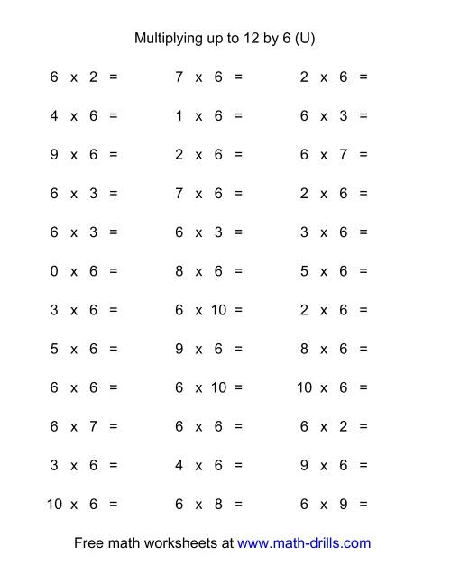 The 36 Horizontal Multiplication Facts Questions -- 6 by 0-12 (U) Math Worksheet