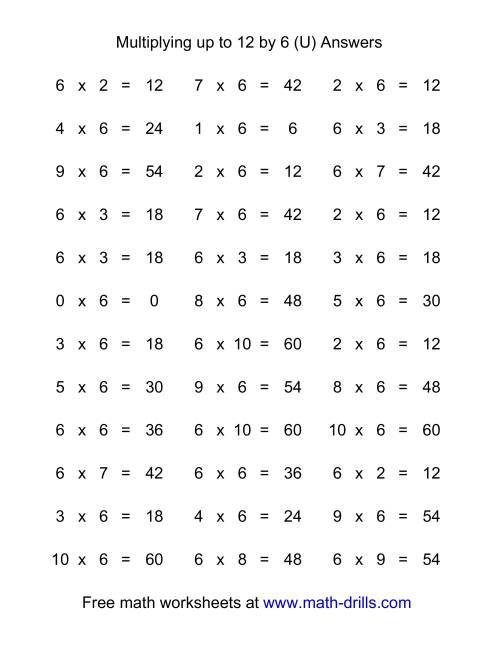 The 36 Horizontal Multiplication Facts Questions -- 6 by 0-12 (U) Math Worksheet Page 2