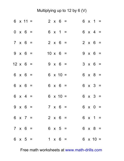 The 36 Horizontal Multiplication Facts Questions -- 6 by 0-12 (V) Math Worksheet