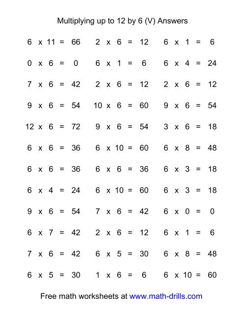The 36 Horizontal Multiplication Facts Questions -- 6 by 0-12 (V) Math Worksheet Page 2