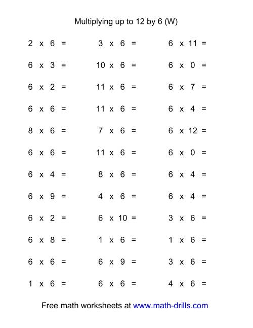 The 36 Horizontal Multiplication Facts Questions -- 6 by 0-12 (W) Math Worksheet