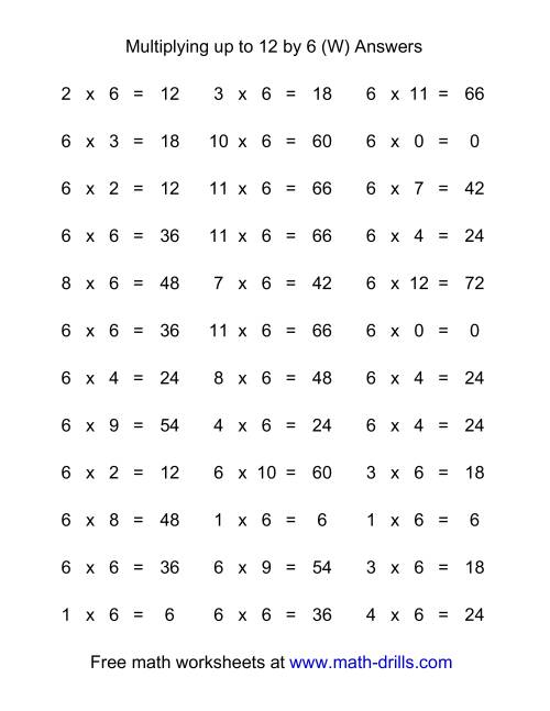 The 36 Horizontal Multiplication Facts Questions -- 6 by 0-12 (W) Math Worksheet Page 2
