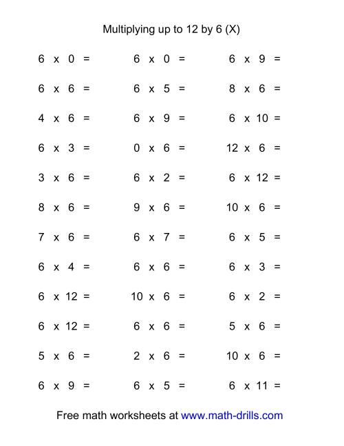 The 36 Horizontal Multiplication Facts Questions -- 6 by 0-12 (X) Math Worksheet