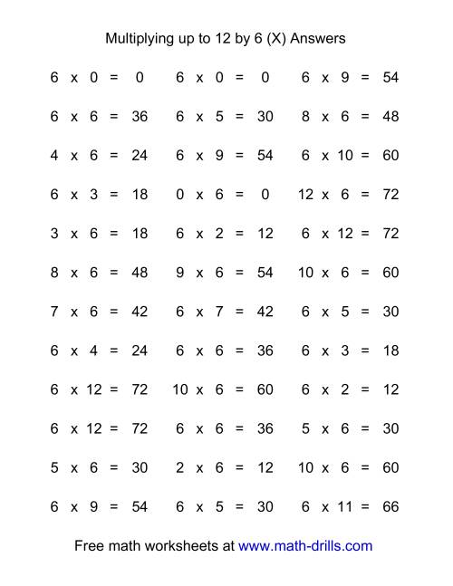 The 36 Horizontal Multiplication Facts Questions -- 6 by 0-12 (X) Math Worksheet Page 2