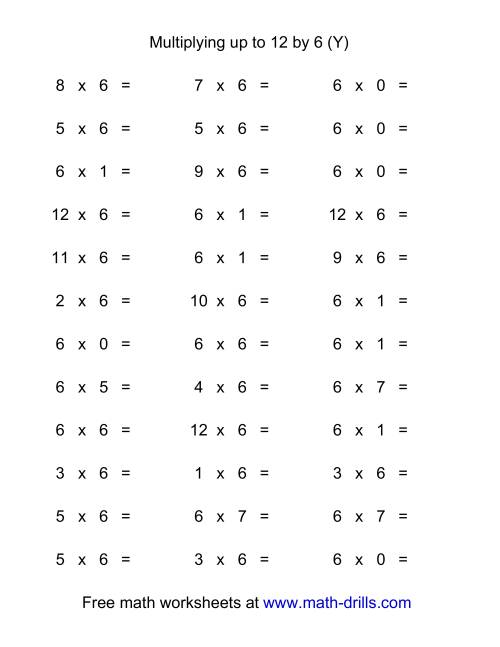 The 36 Horizontal Multiplication Facts Questions -- 6 by 0-12 (Y) Math Worksheet