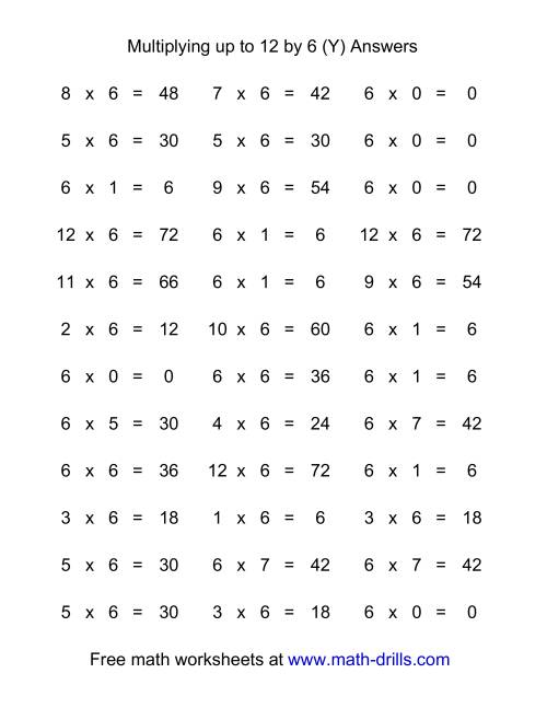 The 36 Horizontal Multiplication Facts Questions -- 6 by 0-12 (Y) Math Worksheet Page 2
