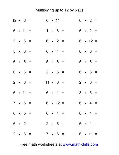 The 36 Horizontal Multiplication Facts Questions -- 6 by 0-12 (Z) Math Worksheet