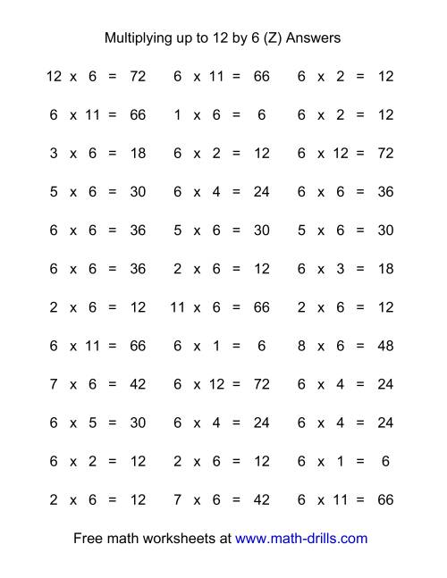 The 36 Horizontal Multiplication Facts Questions -- 6 by 0-12 (Z) Math Worksheet Page 2
