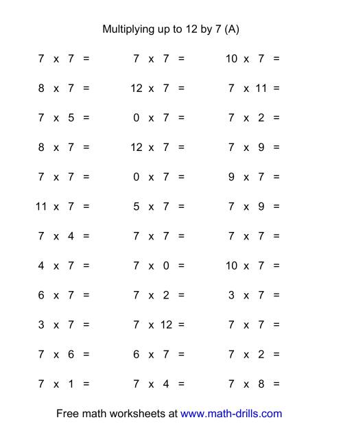 The 36 Horizontal Multiplication Facts Questions -- 7 by 0-12 (A) Math Worksheet