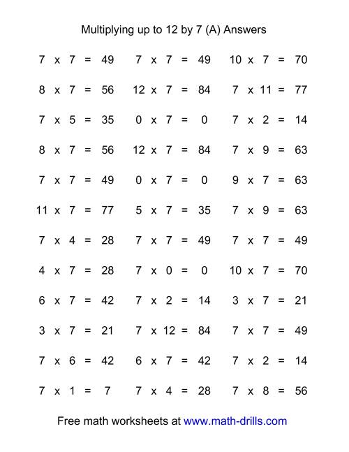 The 36 Horizontal Multiplication Facts Questions -- 7 by 0-12 (A) Math Worksheet Page 2