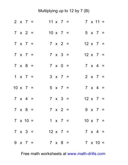 The 36 Horizontal Multiplication Facts Questions -- 7 by 0-12 (B) Math Worksheet