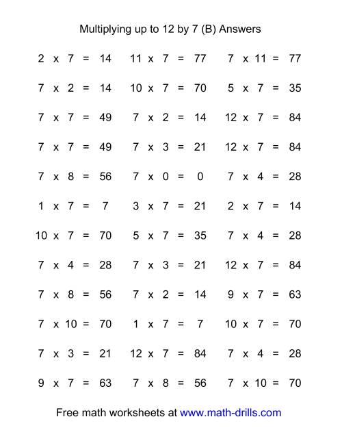 The 36 Horizontal Multiplication Facts Questions -- 7 by 0-12 (B) Math Worksheet Page 2
