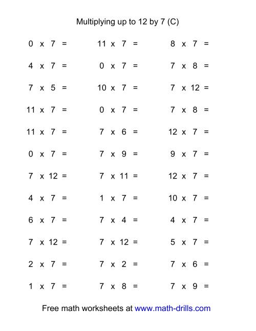 The 36 Horizontal Multiplication Facts Questions -- 7 by 0-12 (C) Math Worksheet