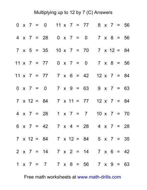 The 36 Horizontal Multiplication Facts Questions -- 7 by 0-12 (C) Math Worksheet Page 2