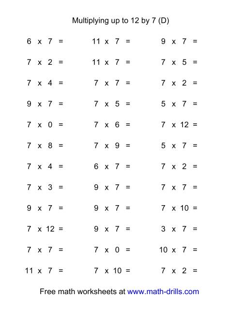 The 36 Horizontal Multiplication Facts Questions -- 7 by 0-12 (D) Math Worksheet