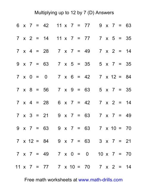 The 36 Horizontal Multiplication Facts Questions -- 7 by 0-12 (D) Math Worksheet Page 2