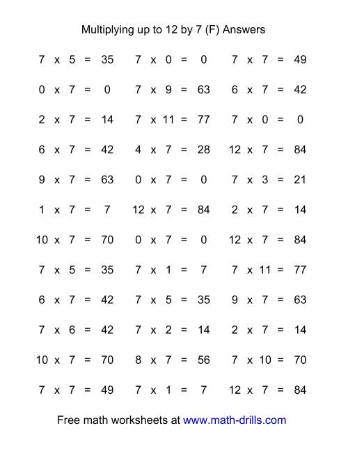 The 36 Horizontal Multiplication Facts Questions -- 7 by 0-12 (F) Math Worksheet Page 2