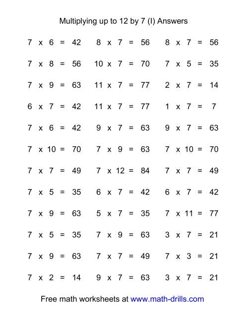 The 36 Horizontal Multiplication Facts Questions -- 7 by 0-12 (I) Math Worksheet Page 2