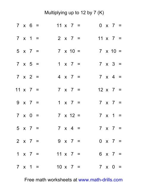 The 36 Horizontal Multiplication Facts Questions -- 7 by 0-12 (K) Math Worksheet
