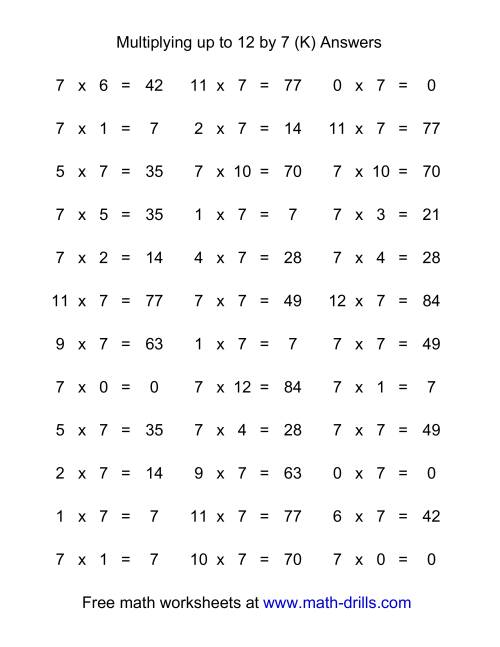 The 36 Horizontal Multiplication Facts Questions -- 7 by 0-12 (K) Math Worksheet Page 2