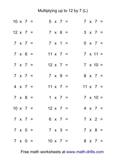 The 36 Horizontal Multiplication Facts Questions -- 7 by 0-12 (L) Math Worksheet