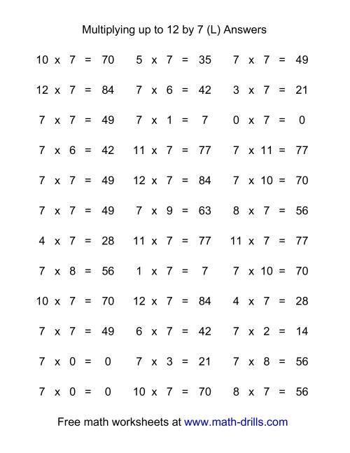 The 36 Horizontal Multiplication Facts Questions -- 7 by 0-12 (L) Math Worksheet Page 2