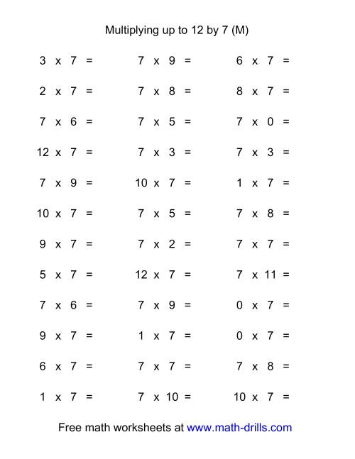 The 36 Horizontal Multiplication Facts Questions -- 7 by 0-12 (M) Math Worksheet