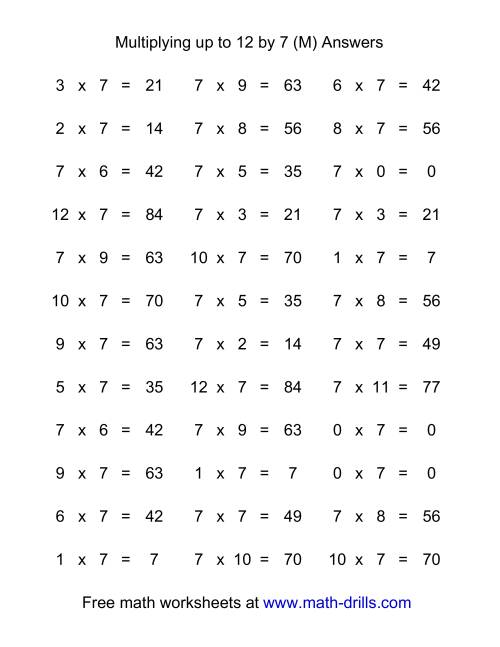 The 36 Horizontal Multiplication Facts Questions -- 7 by 0-12 (M) Math Worksheet Page 2