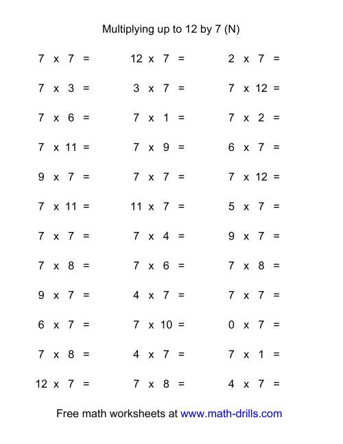 The 36 Horizontal Multiplication Facts Questions -- 7 by 0-12 (N) Math Worksheet
