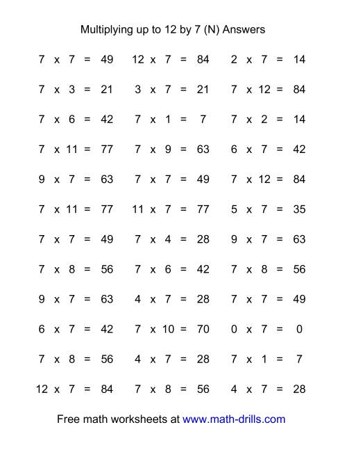 The 36 Horizontal Multiplication Facts Questions -- 7 by 0-12 (N) Math Worksheet Page 2