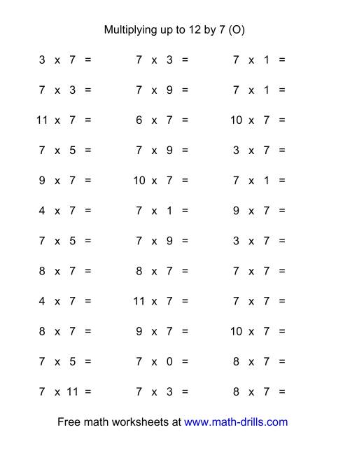 The 36 Horizontal Multiplication Facts Questions -- 7 by 0-12 (O) Math Worksheet