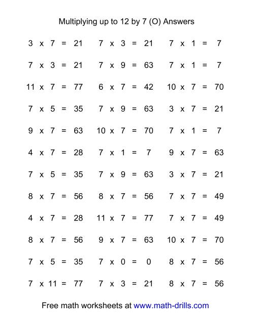 The 36 Horizontal Multiplication Facts Questions -- 7 by 0-12 (O) Math Worksheet Page 2