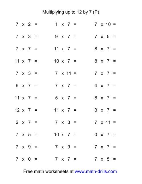 The 36 Horizontal Multiplication Facts Questions -- 7 by 0-12 (P) Math Worksheet
