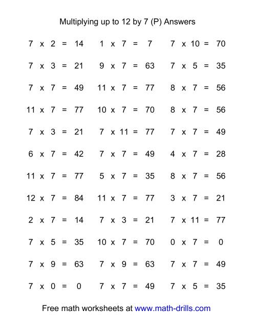 The 36 Horizontal Multiplication Facts Questions -- 7 by 0-12 (P) Math Worksheet Page 2