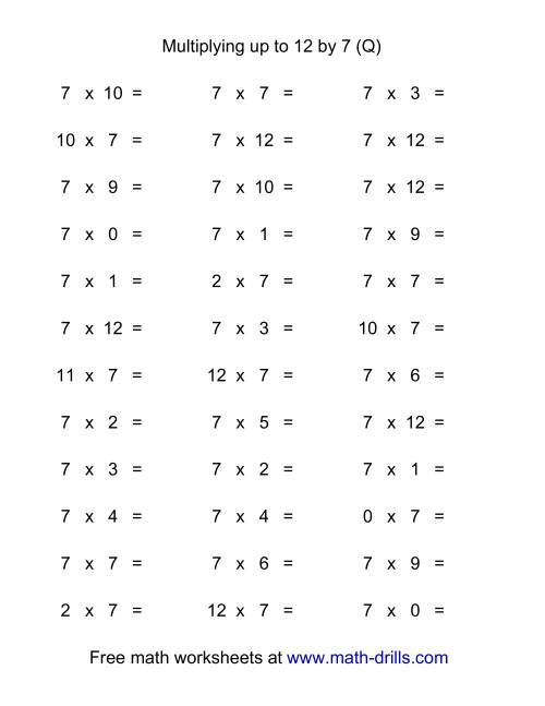 The 36 Horizontal Multiplication Facts Questions -- 7 by 0-12 (Q) Math Worksheet