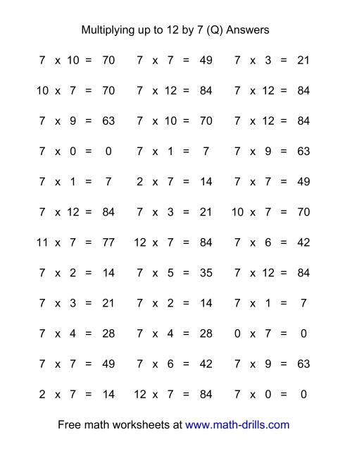 The 36 Horizontal Multiplication Facts Questions -- 7 by 0-12 (Q) Math Worksheet Page 2