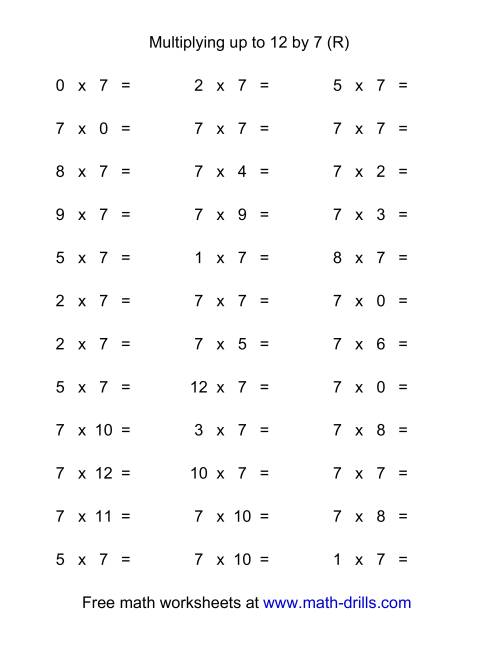 The 36 Horizontal Multiplication Facts Questions -- 7 by 0-12 (R) Math Worksheet