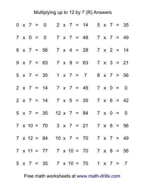 The 36 Horizontal Multiplication Facts Questions -- 7 by 0-12 (R) Math Worksheet Page 2