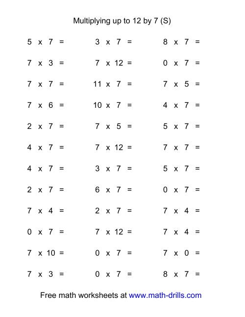 The 36 Horizontal Multiplication Facts Questions -- 7 by 0-12 (S) Math Worksheet