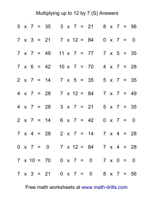 The 36 Horizontal Multiplication Facts Questions -- 7 by 0-12 (S) Math Worksheet Page 2