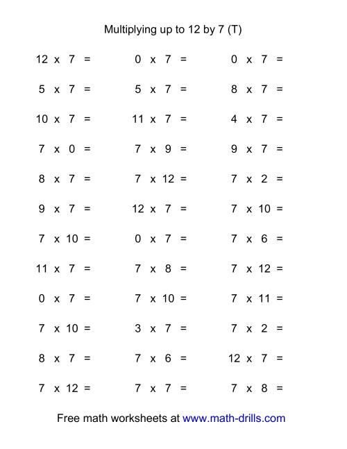 The 36 Horizontal Multiplication Facts Questions -- 7 by 0-12 (T) Math Worksheet