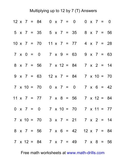 The 36 Horizontal Multiplication Facts Questions -- 7 by 0-12 (T) Math Worksheet Page 2