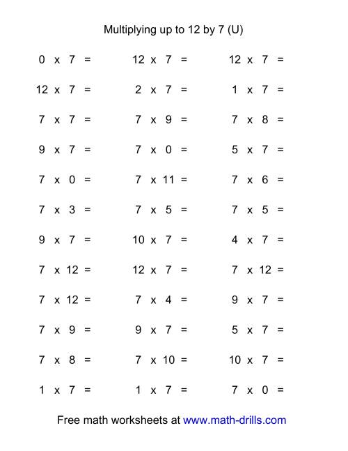 The 36 Horizontal Multiplication Facts Questions -- 7 by 0-12 (U) Math Worksheet